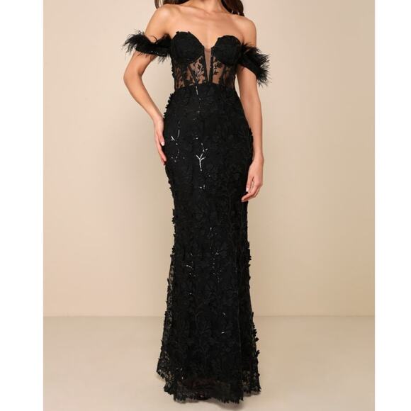 Lulus Dresses & Skirts - NEW Lulus Midnight Sparkle Black Embroidered Feather Bustier Maxi Dress XS